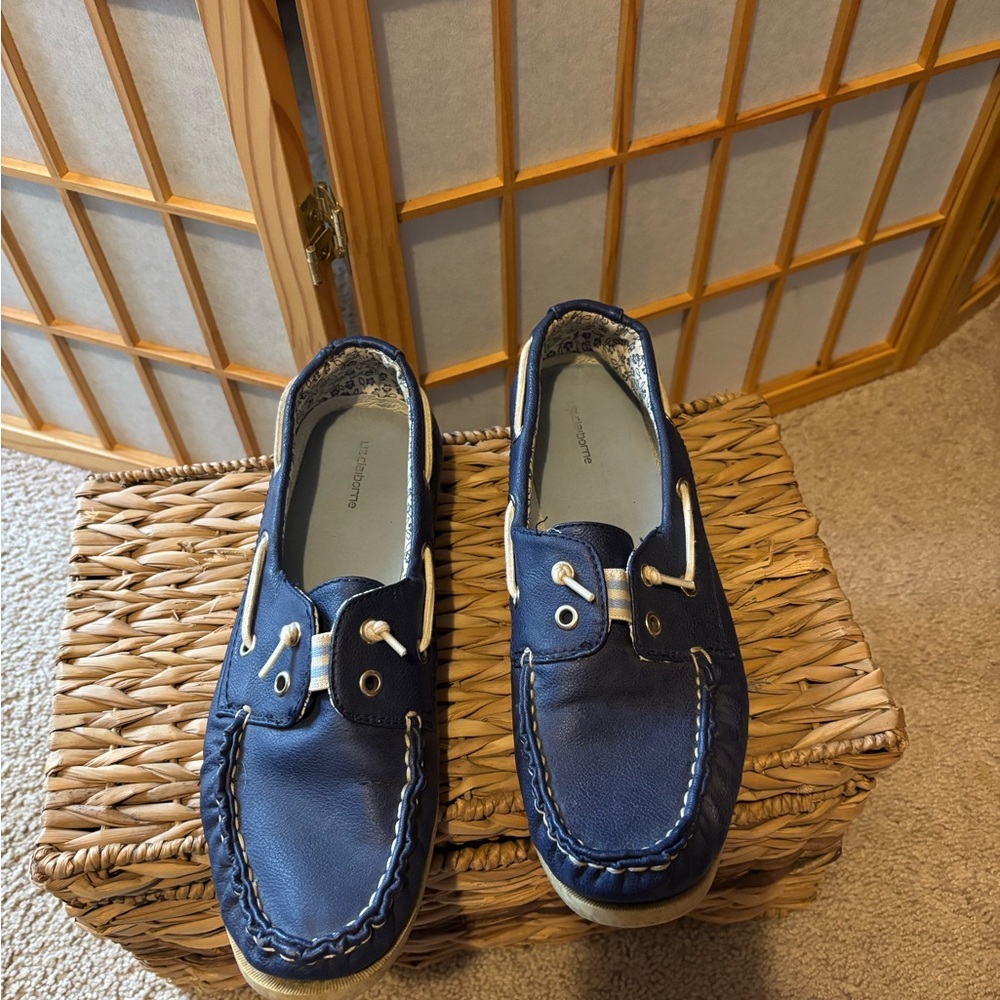 Liz Claiborne Navy Blue Boat Shoes with White Accents